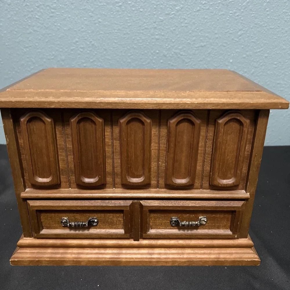 Vintage 60's Mele Wood Jewelry Chest Box Flip Up Lid / 2‎ Drawers Made In Taiwan